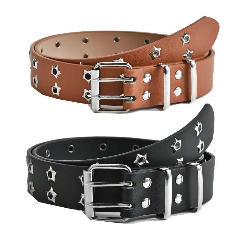 Belt Star Rivet Double Needle Buckle PU Leather Belt Men\'s and Women\'s Jeans Fashion Belt Y2K Style 110*3.3cm Black White Belt