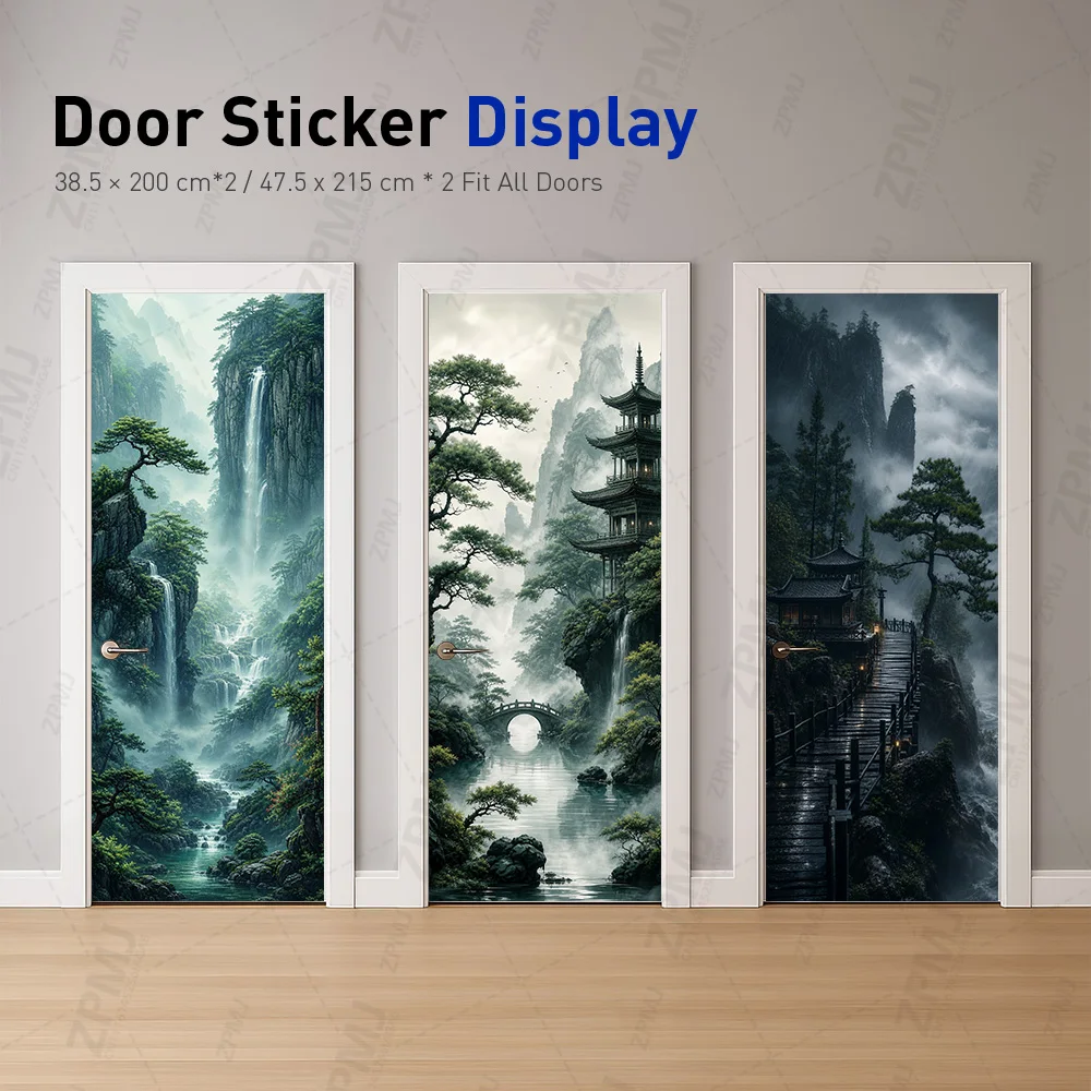 Waterproof PVC Door Sticker Self Adhesive Chinese Ink Landscape Misty Mountain Waterfall Peel Stick Door Cover for Living Room