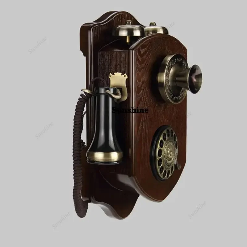 YVintage Antique Corded Wall Phone with Rotary Dial, Mechanical Ringtones, Redial, Wooden Decorative Telephone for Home Bar