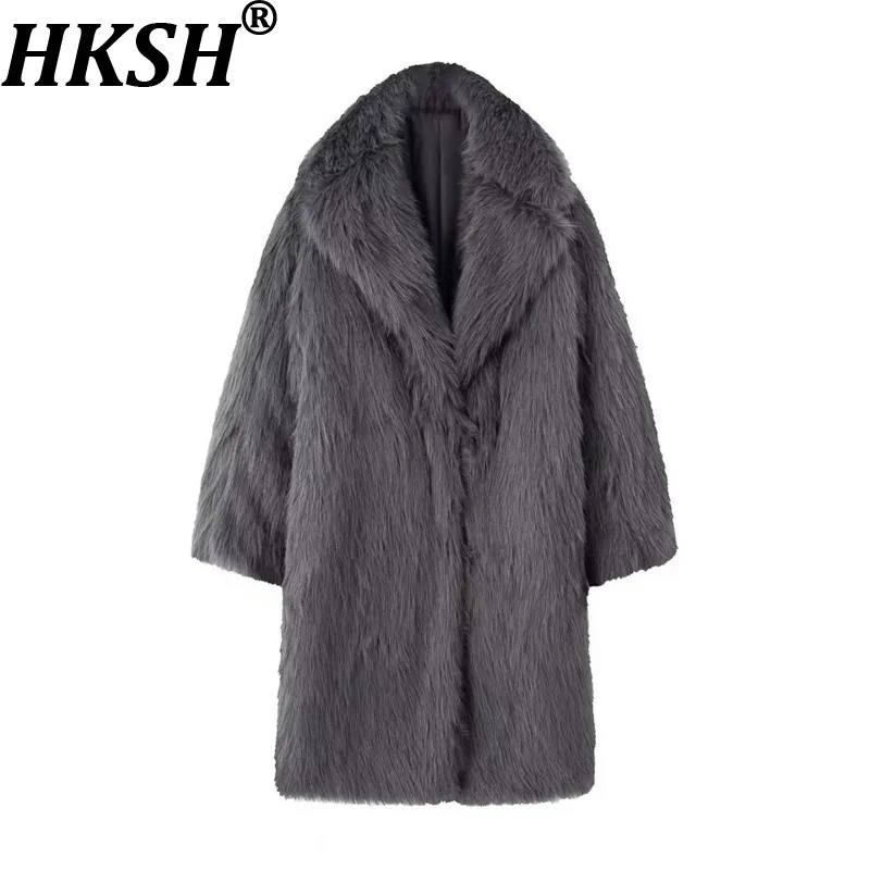 

HKSH 2025 зимнее новое женское длинное пальто из искусственного меха с отложным воротником, однотонная элегантная роскошная модная теплая куртка HK15809