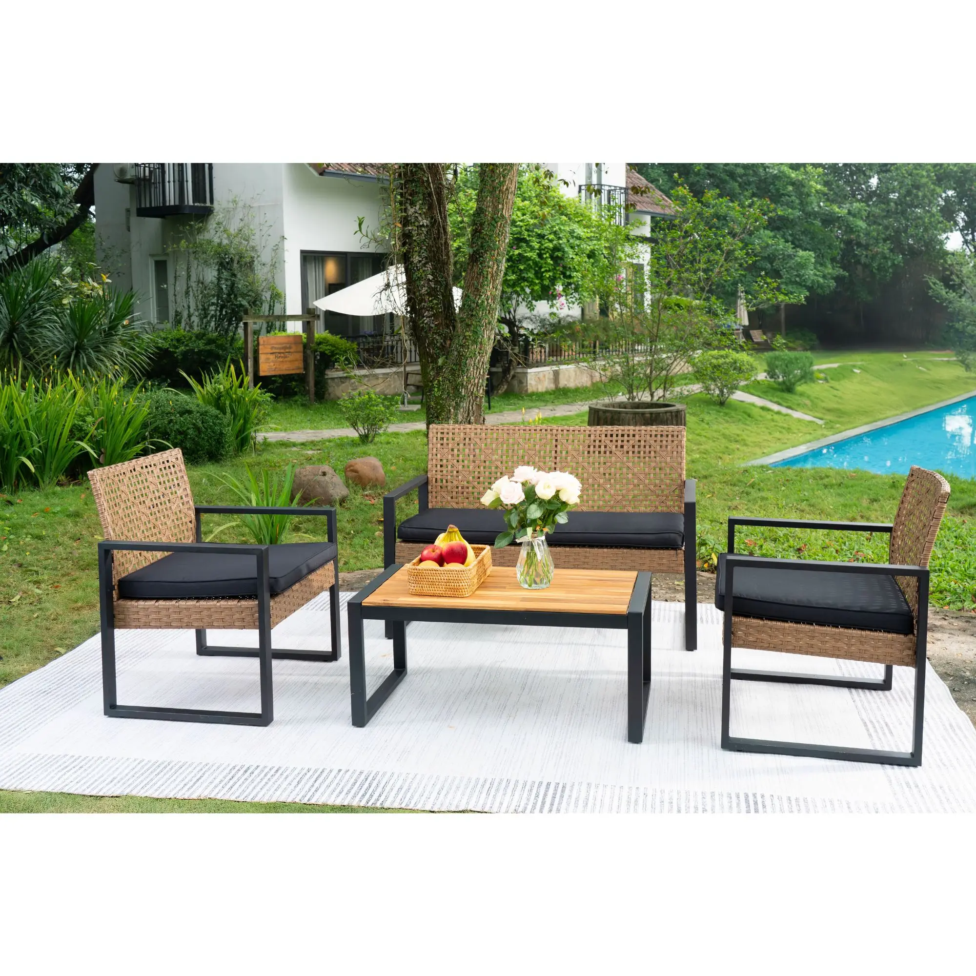 

#4-Piece Modern Waterproof Patio Furniture Set Outdoor Balcony Porch Garden Backyard Lawn Acacia Wood Table Top