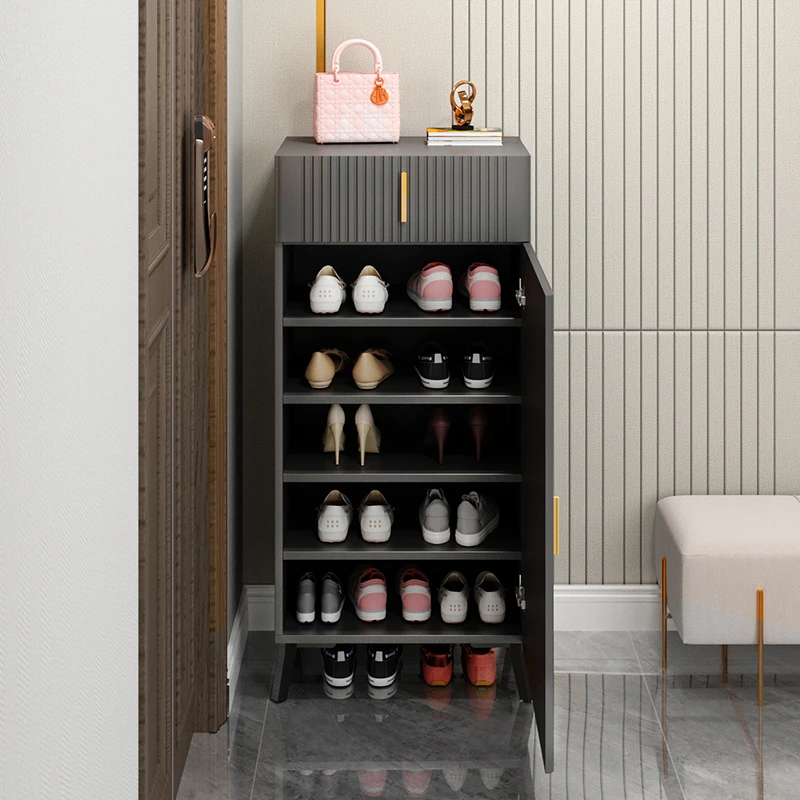 

Corner shoe rack at the entrance of the corridor, small narrow cabinet behind the household entrance door, elevator entrance,