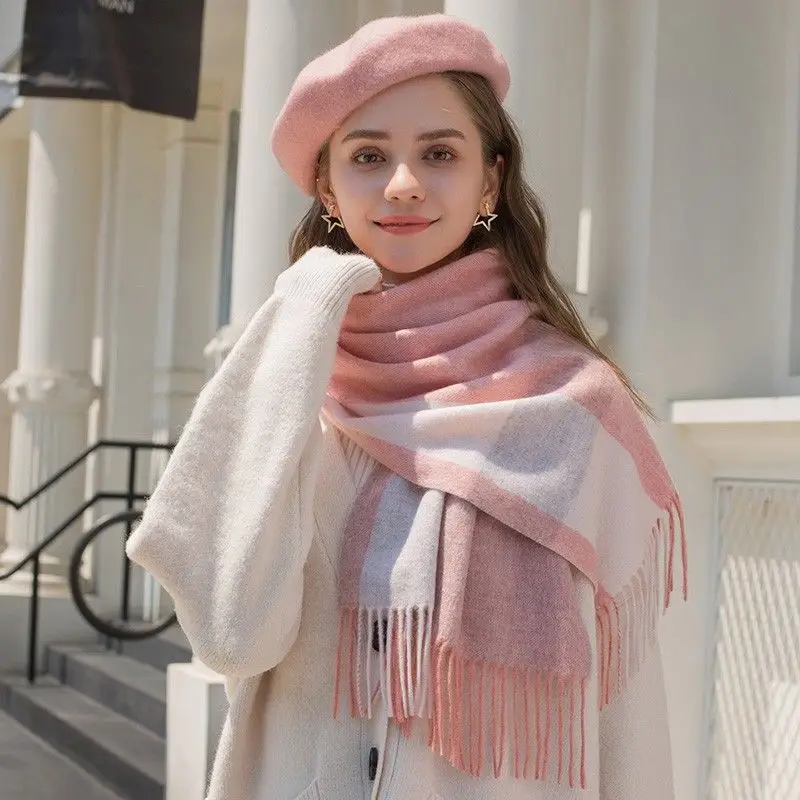 

Winter new pure cashmere scarf 100% double-sided classic plaid fringed warm scarf women can wear and wrap soft