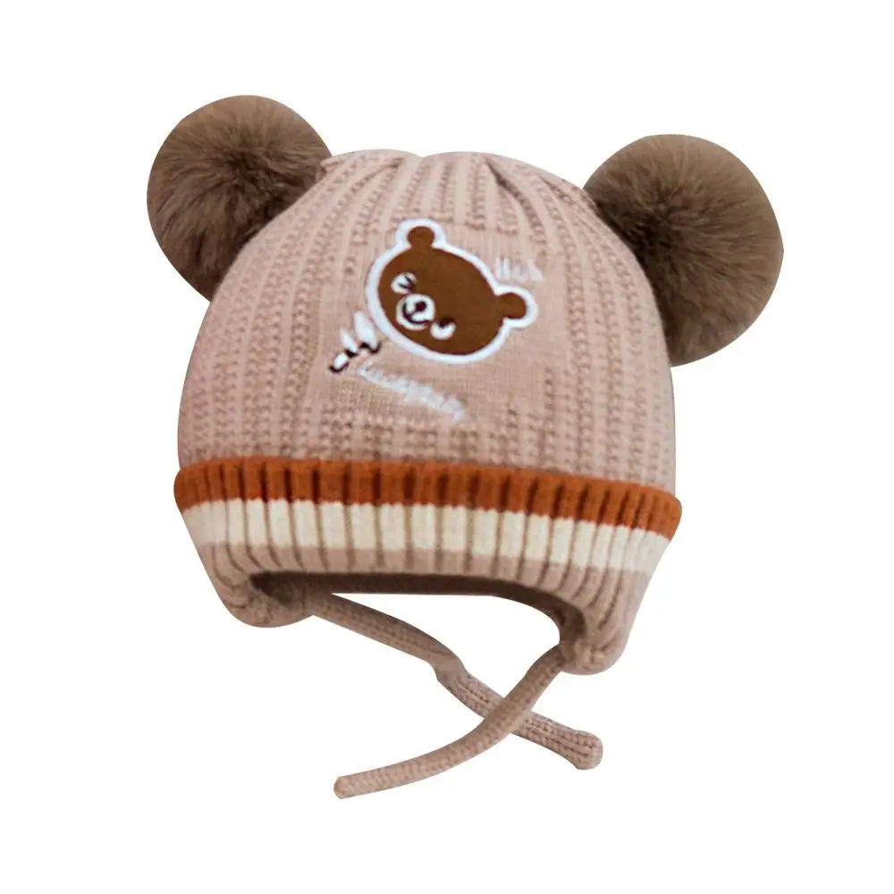 1-3Year Windproof Solid Color Baby Knitted Hat Plush Ball Cute Winter Hat Cartoon Soft Children Warm Cap Newborn Toddler