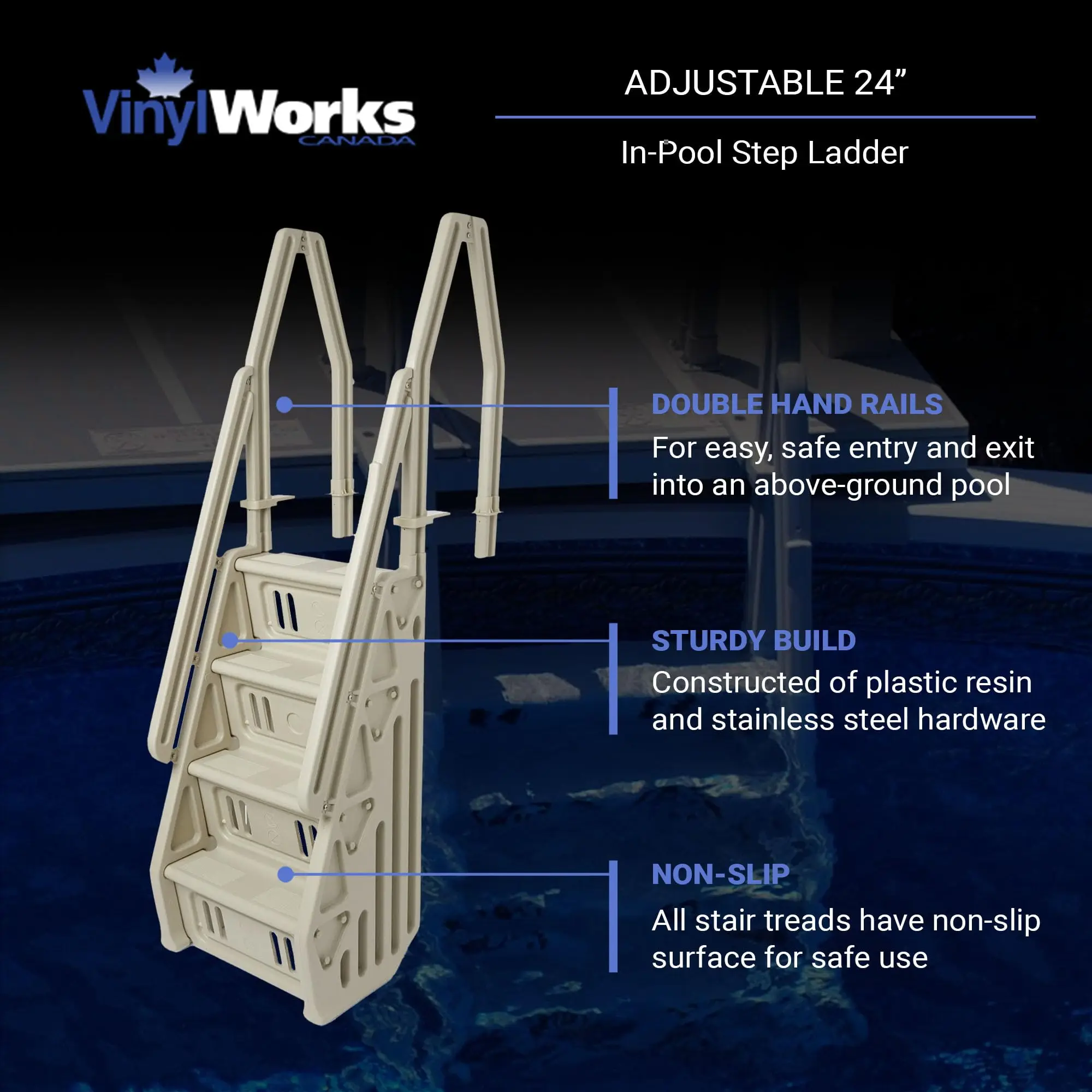 Deluxe Adjustable 24 Inch Wide in Pool Step Ladder Entry System for Above Ground Swimming Pools with Non Slip Steps
