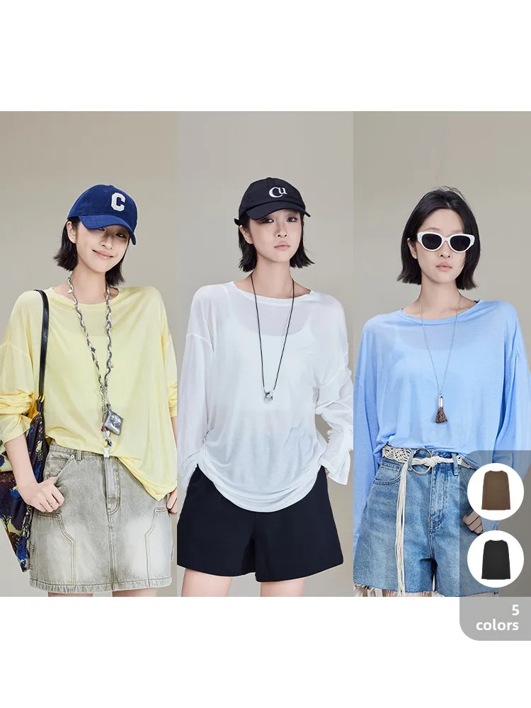 

MeiYang Long Sve round Ne T-irt Lyocell Acetate Silk Transparent Casual Loose Fit Summer Top Classic Color