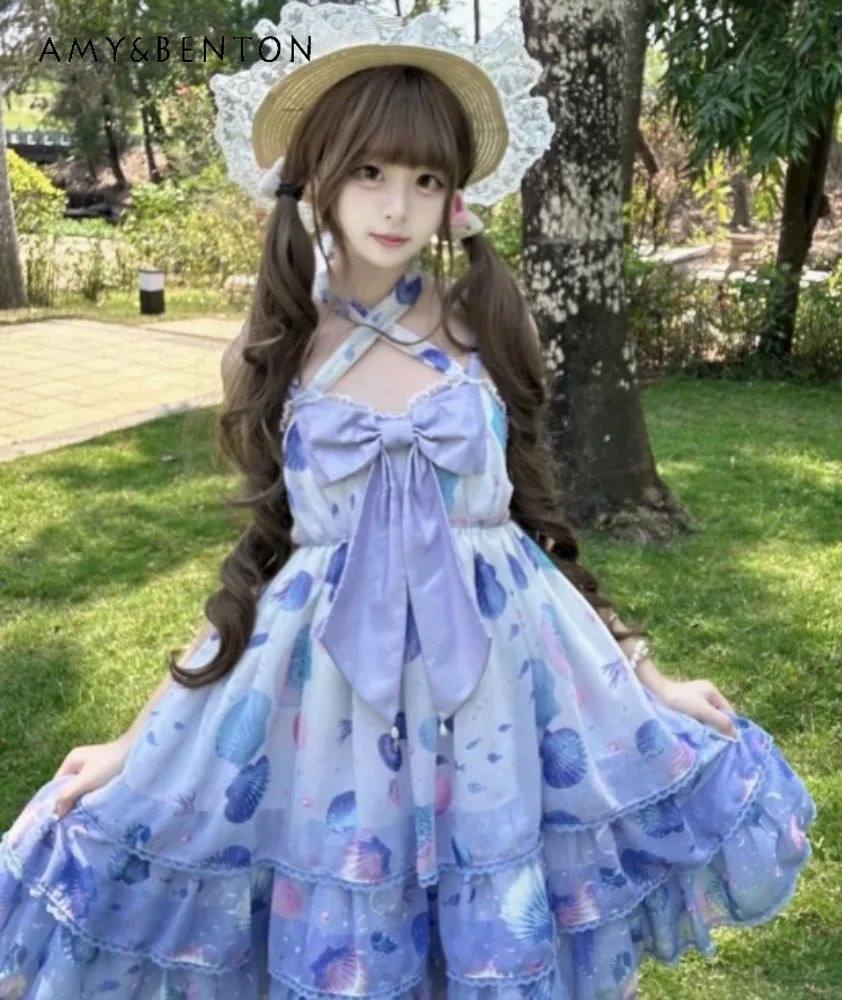 

Purple Shell Lolita Bow Suspender Dress Girls Hang Around The Neck High Waist V-Neck Printed Short Fluffy Dress