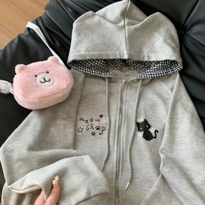 Kawaii meninas orelhas de gato preto jaquetas com capuz rua menina subcultura japonesa streetwear coreano bonito zip up moletom com capuz