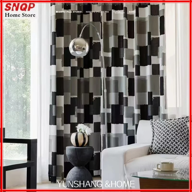 

American French Retro Luxury Curtains for Living Room Bedroom Dining Window Custom Tulle Blackout Black White Square Geometry