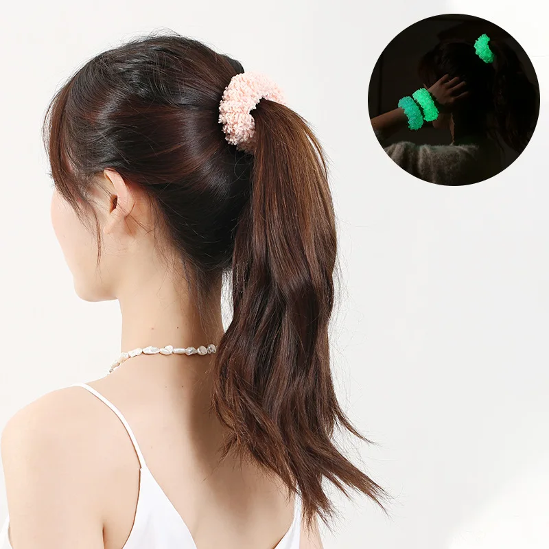 8Pcs/Lot Fluorescence High Elastic Plush Hair Band Pig Large Intestine Night Luminous Ring Styling Accessories HA1956