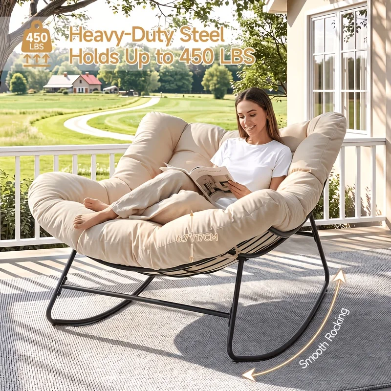 Large-sized patio rocking chair(bird's nest/egg-shaped style) featuring an ergonomic,smooth rocking design;includes a thickened,