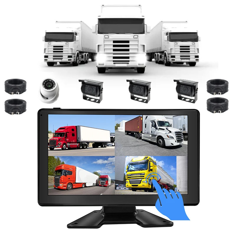 9-Inch AHD Four Split Screen Car Monitor Portable LCD Vehicle Dashboard Video Recorder for Trucks Buses School Buses