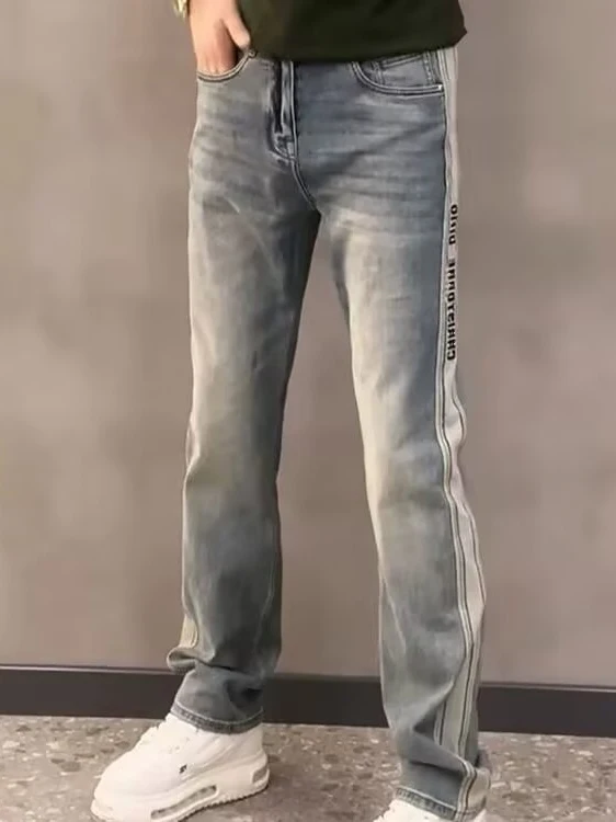 

Trendy Straight Leg Men's Jeans Casual Patchwork Stripe Slim Fit Long Pants Retro Sle Wear Resistant All Match Spring Autumn