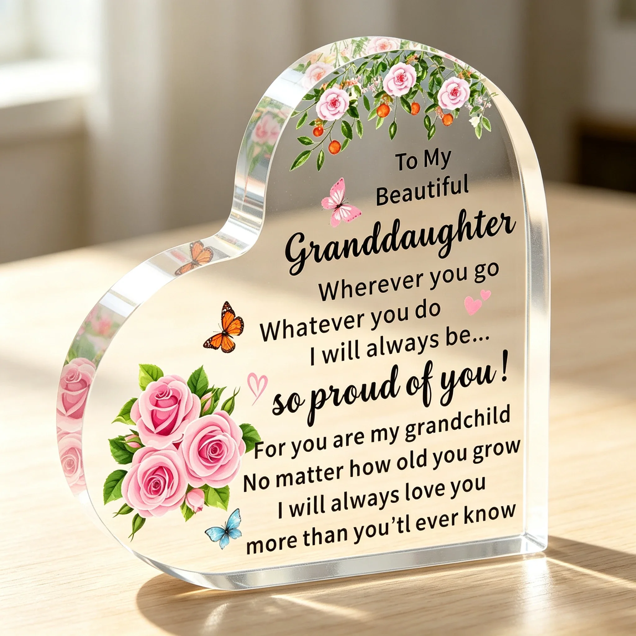 To My Granddaughter Heart‑Shaped Acrylic Plaque, Pink Rose Butterfly Sentimental Keepsake Gift,Pink Roses & Butterflies Heart Acrylic Keepsake Plaque, Sentimental Grandchild Table Ornament
