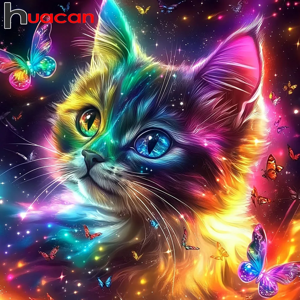 Huacan Diamant-Gemälde mit Katze, quadratisch, rund, Mosaik, Schmetterling, Dekoration für Zuhause, Neuheiten