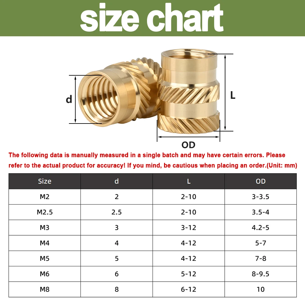 M2 M2.5 M3 M4 M5 M6 Brass Heat Set Insert Nut Double Twill Knurled Hot Melt Metric Embedded Thread Insert Nut for 3D Printing
