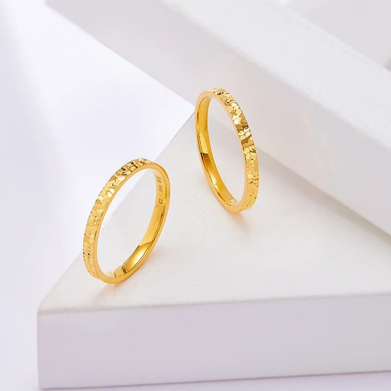 

Fashion 9999 24K real gold star striped ring 2mm broken ice couple rings for men and women simple versatile closed-mouth rings