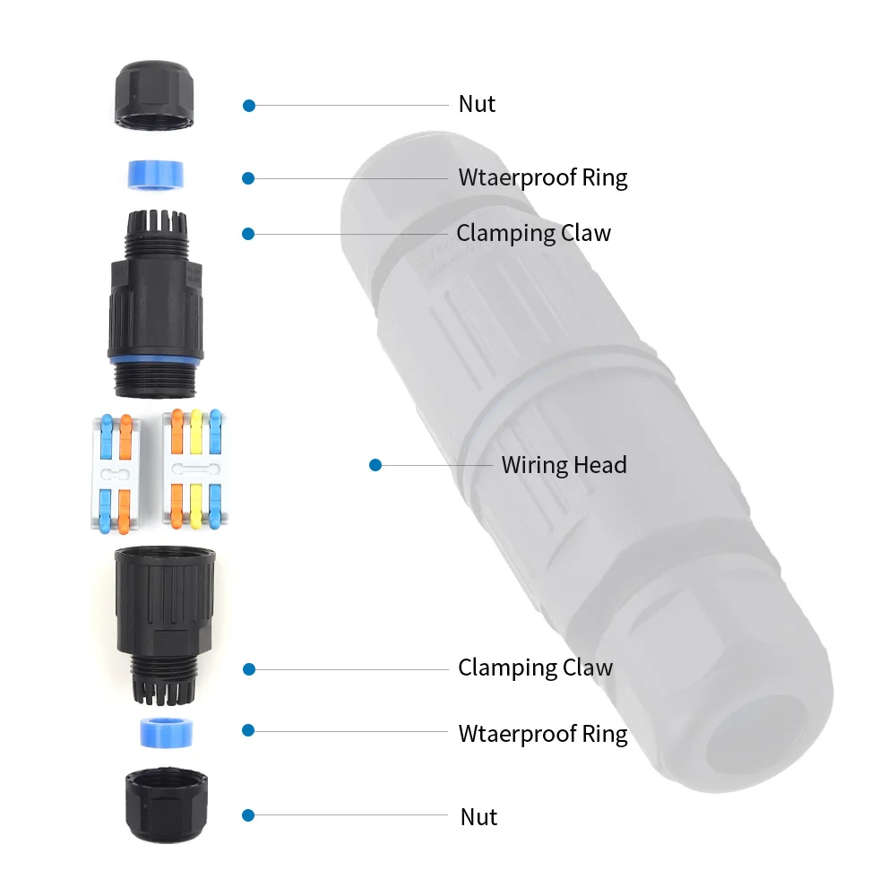 IP68 Electrical Waterproof Connector Wire Cable Outdoor Plug Straight 2/3 Pin  Quick Push in Terminal block Conductor Connector