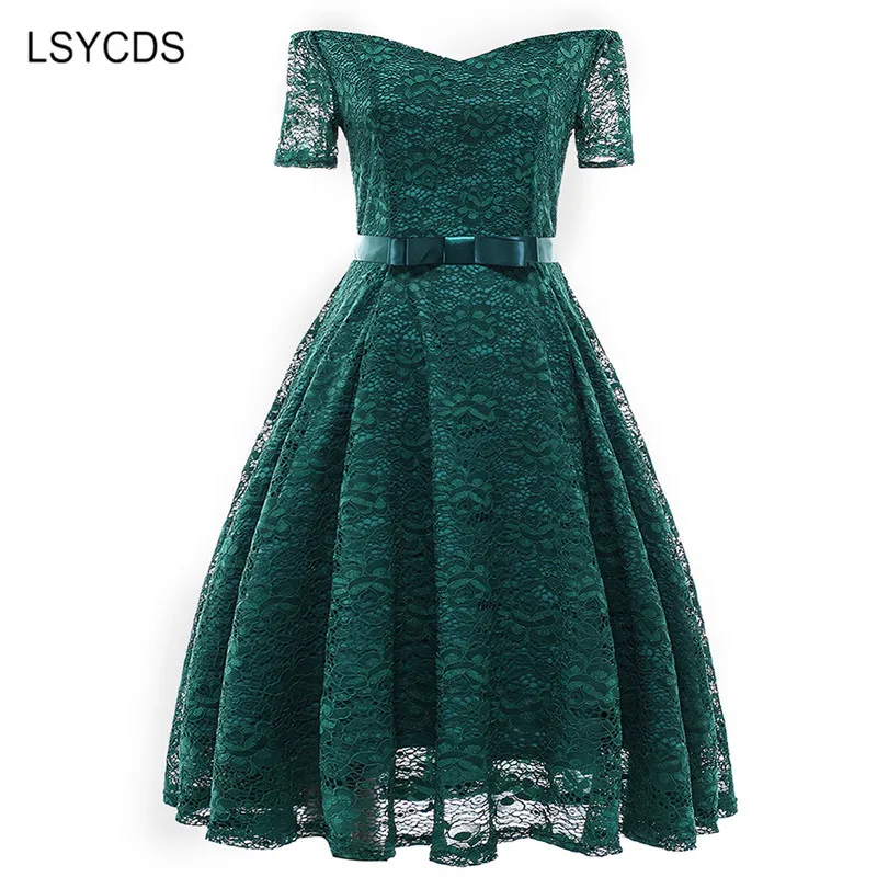 LSYCDS Women Summer Sexy Slash Neck Dress Blue Robe Vintage Retro Casual Party Rockabilly 50s 60s Bow Lace Women Dress