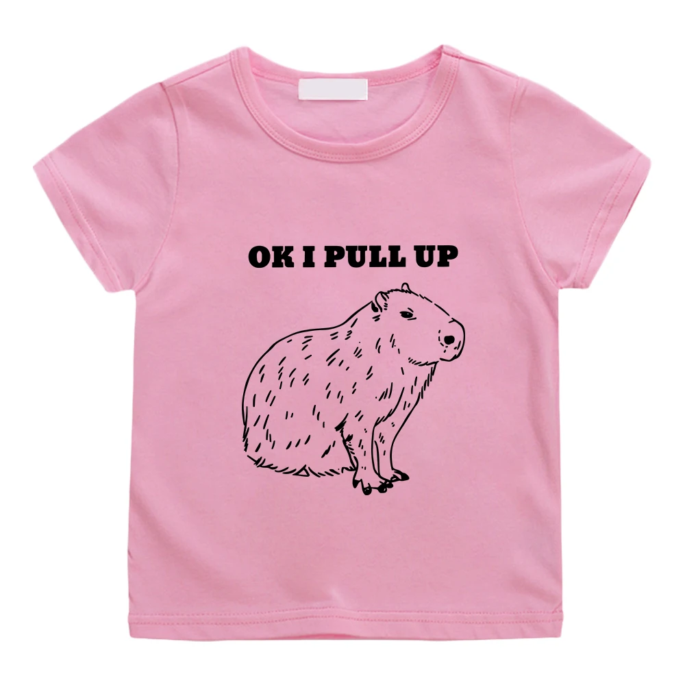 OK I PULL UP Capybara Cute Print Tee-shirt 100% Cotton Casual Summer T-shirt Kawaii Cartoon Boys and Girls Tshirts Graphic Tees