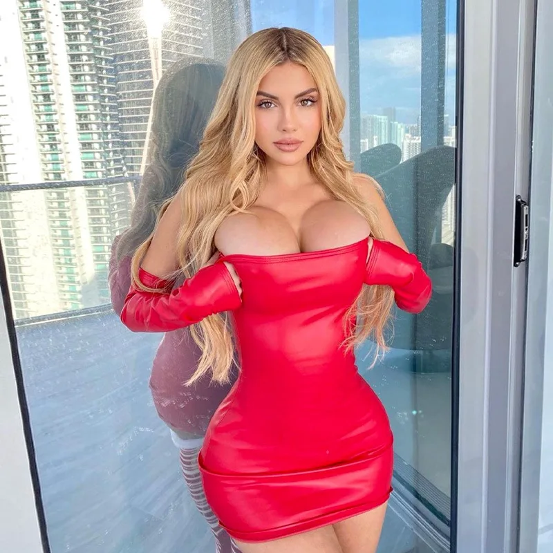 

Autumn New European American Style Sexy PU Tube Top Bodycon Dress with Waist Cinching Design Sleeve for Women Nightclub