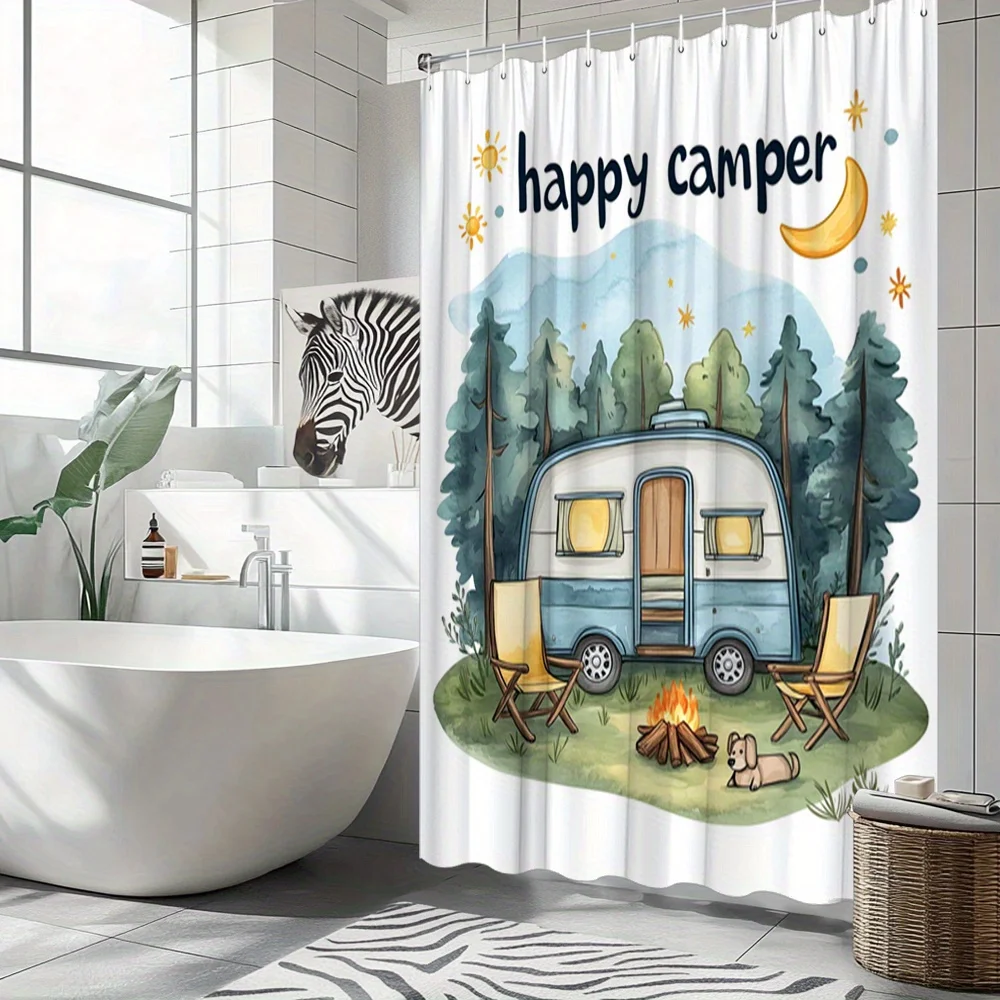 Camping Shower Curtain - Airstream Trailer, Pine Trees, Campfire & Dog Design with Happy Camper Text