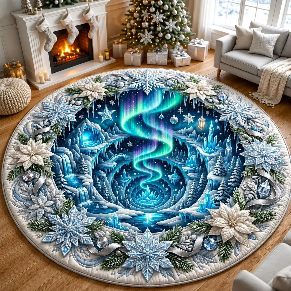 VIKAMA Christmas Train Tunnel Night Sky Round Rug Soft Flannel Non-Slip Bedroom Bedside Living Room Christmas Carpet Cozy Home