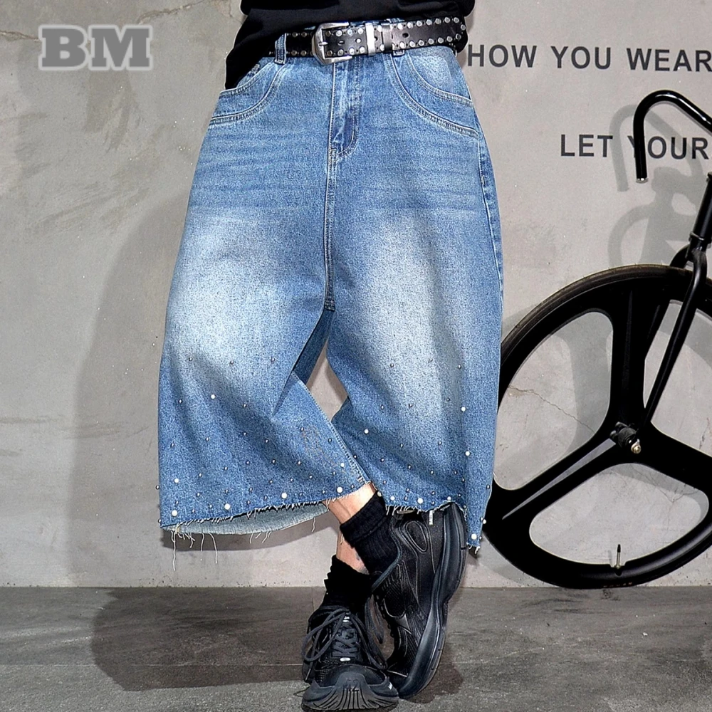 

Korean Hip Hop High Street Baggy Wide Leg Jeans For Men Women Fashion Studded Denim Pants Casual Trendy Cropped Streetwear