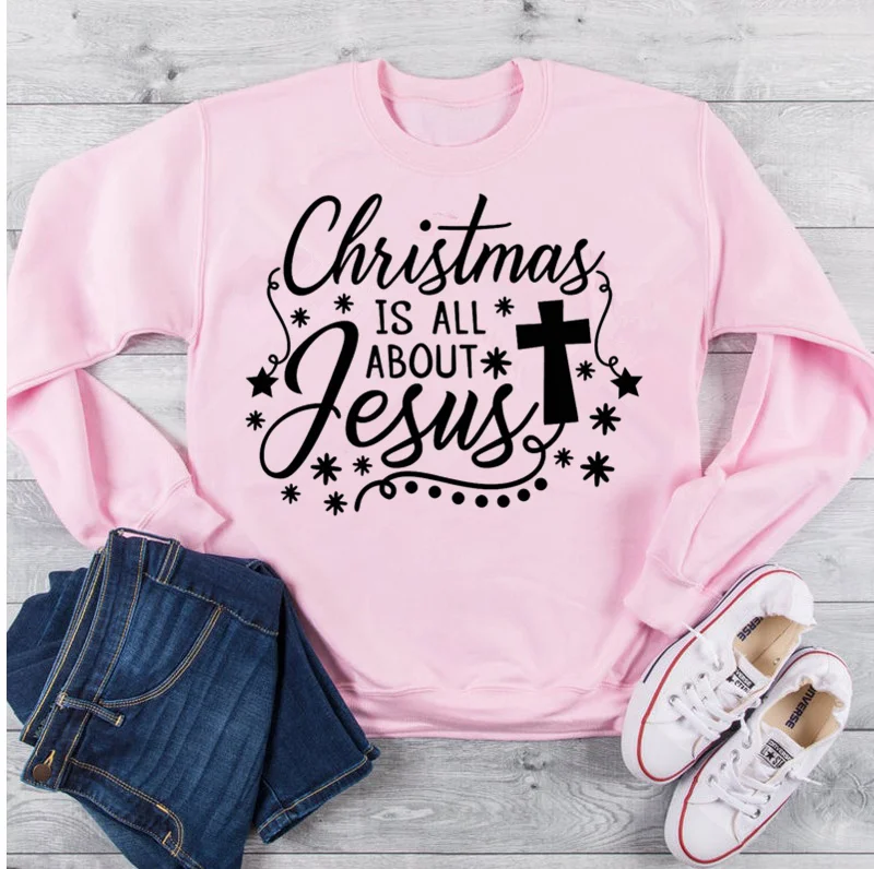 Christmas Is All about Jesus Funny Letter Sweatshirt Christmas Women Cotton Fashion Graphic Female Clothing O Neck Short Sleeve