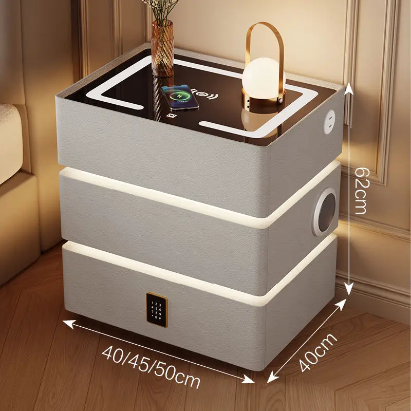 طاولة السرير الذكية LED منضدة خشبية ذكية شحن لاسلكي قفل أمان بكلمة مرور 3 أدراج طاولة بجانب السرير لغرفة النوم #3