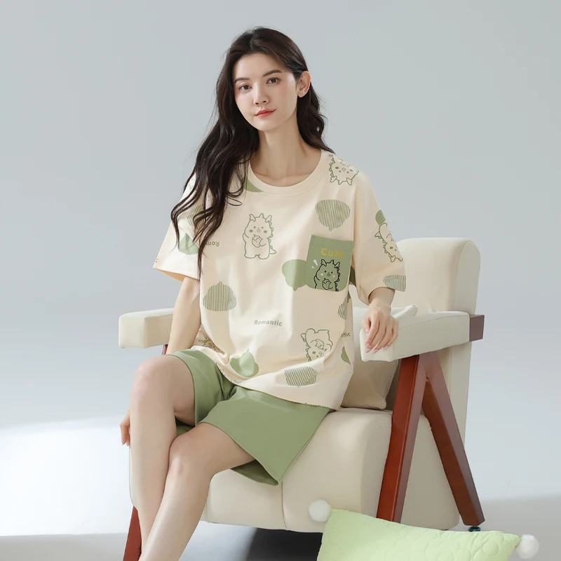 Women's Cotton Pajama Set - Short Sleeve Top and Shorts, Printed