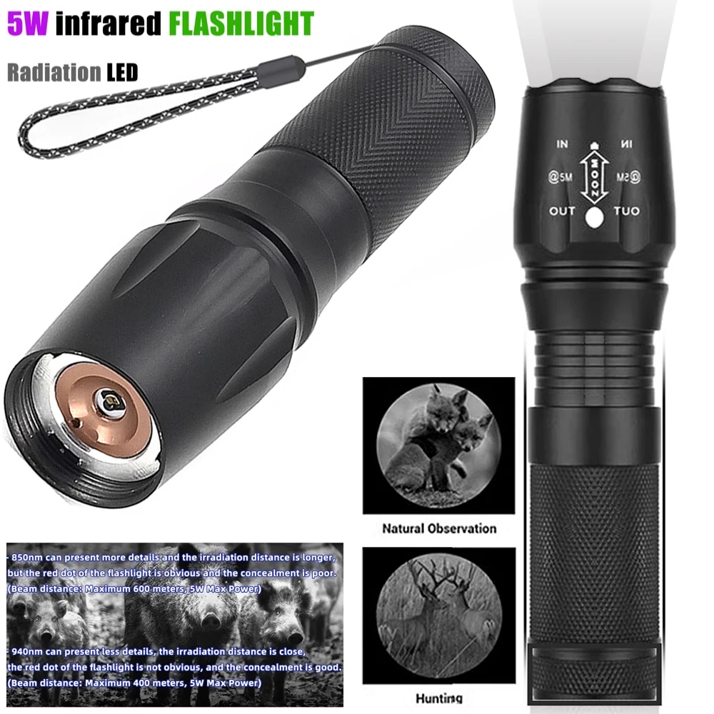 IR LED Illuminator LED Zoomable 940nm 850nm Infrared Flashlight Night Vision Device for Hunting, Search& Rescue, Military Use.