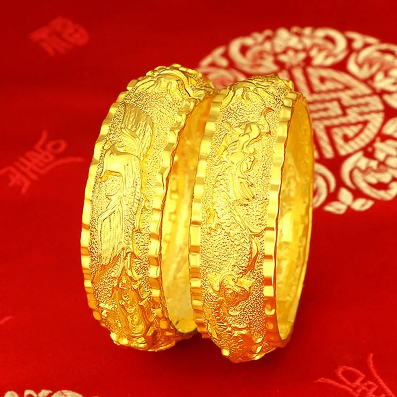 

Luxury Gold Color Bracelet for Women Vintage Dragon Phoenix Wide Gold Color Bracelet Bangle Bride Birthday Wedding Jewelry