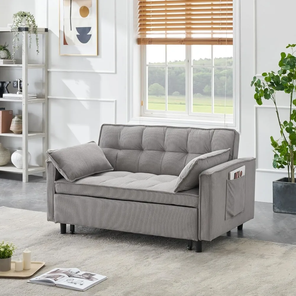 Futon Couches for Living Room with Side Pocket Adjustable Backrest Corduroy Fabric Pull Out Couch Recliner Loveseat Sectional