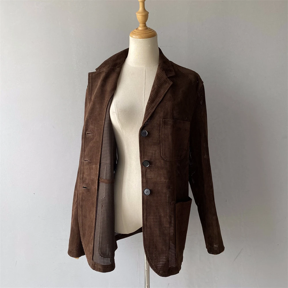 Jxwatcher Damska kurtka z prawdziwej skóry zamszowej z wydrążonym wzorem, prawdziwy skórzany garnitur dla kobiet 2025 Jesień Nowość w odzieży wierzchniej damskiej