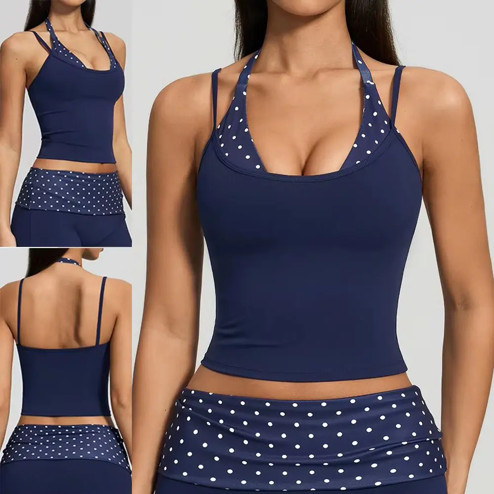 Women's Yoga Top Padded Longline Gym Bra with Contrast Polka Dot Striped Halter Neck Double Strap Workout Fitness Running Vest