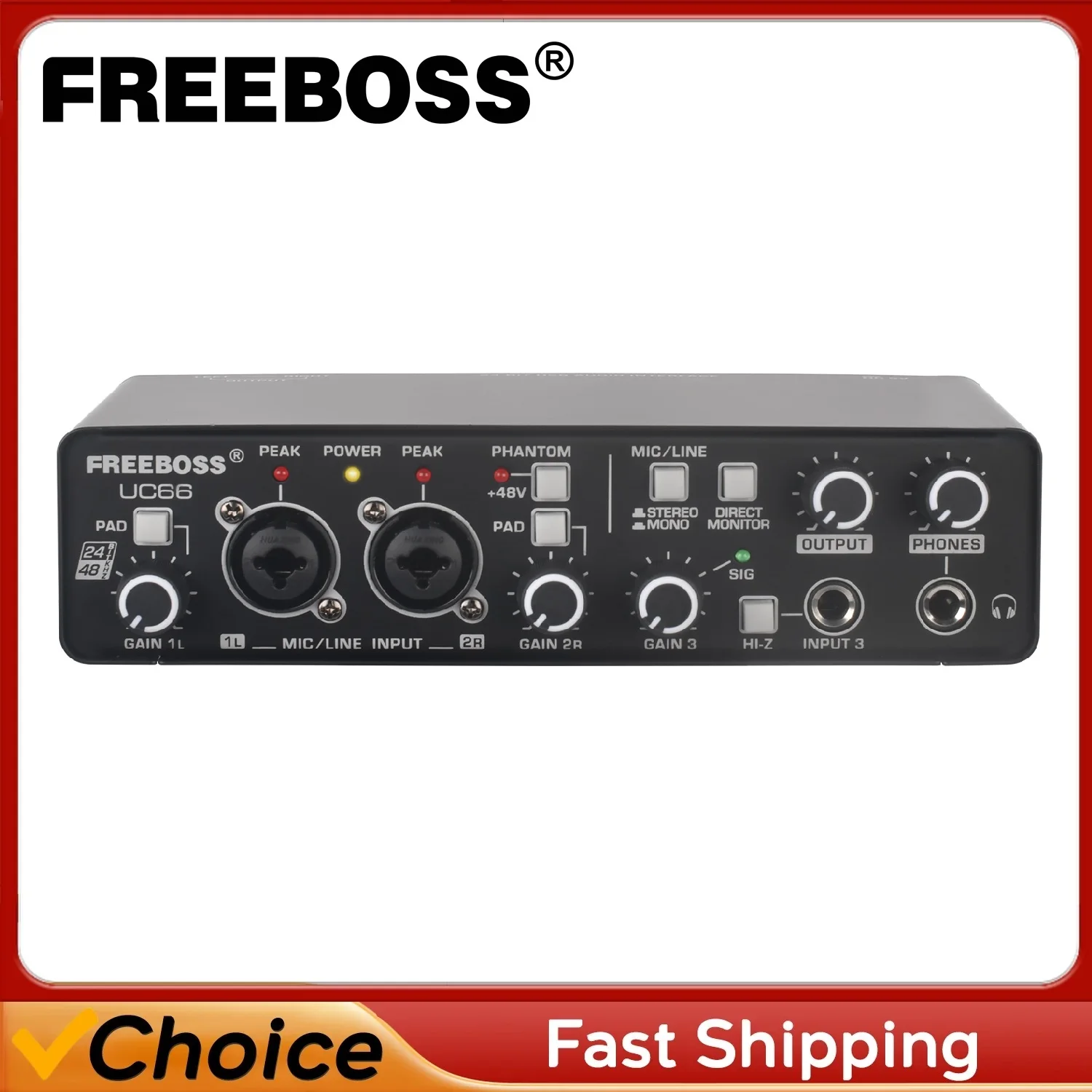 FREEBOSS Stereo Audio Interface 3 Channels USB Computer Sound Card Guitar 48V Power 24bit 48khz PAD DIR Studio Recording UC66