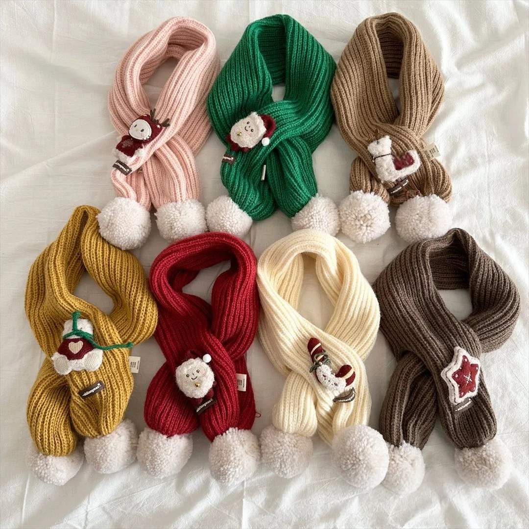

2025 Child Christmas Knitted Cross Neck Warmer Winter Girls Boys Pom Pom Decor Santa Embellishments Warm Baby Scarf Accessory