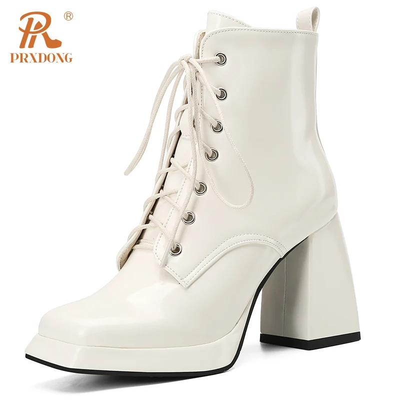 PRXDONG New Brand Quality Leather Chunky High Heels Lace Up Black Beige Dress Party Work Female Autumn WInter Ankle Boots 34-45