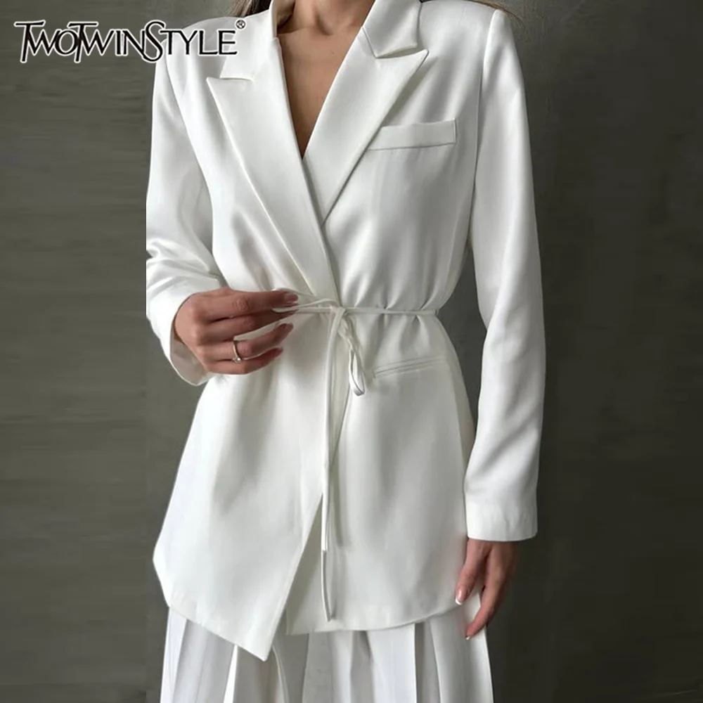 

TWOTWINSTYLE White Color Spliced Lace Up Jacket for Women Nothed Collar Long Sleeve Slimming Office Coat Female Fashion Clothing