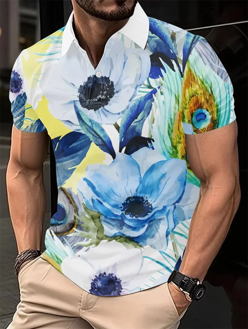 Plant And Flower Pattern Printed Short Sleeves Summer Casual Men's Clothing Slightly Stretchable And Breathable Men's Polo Shirt