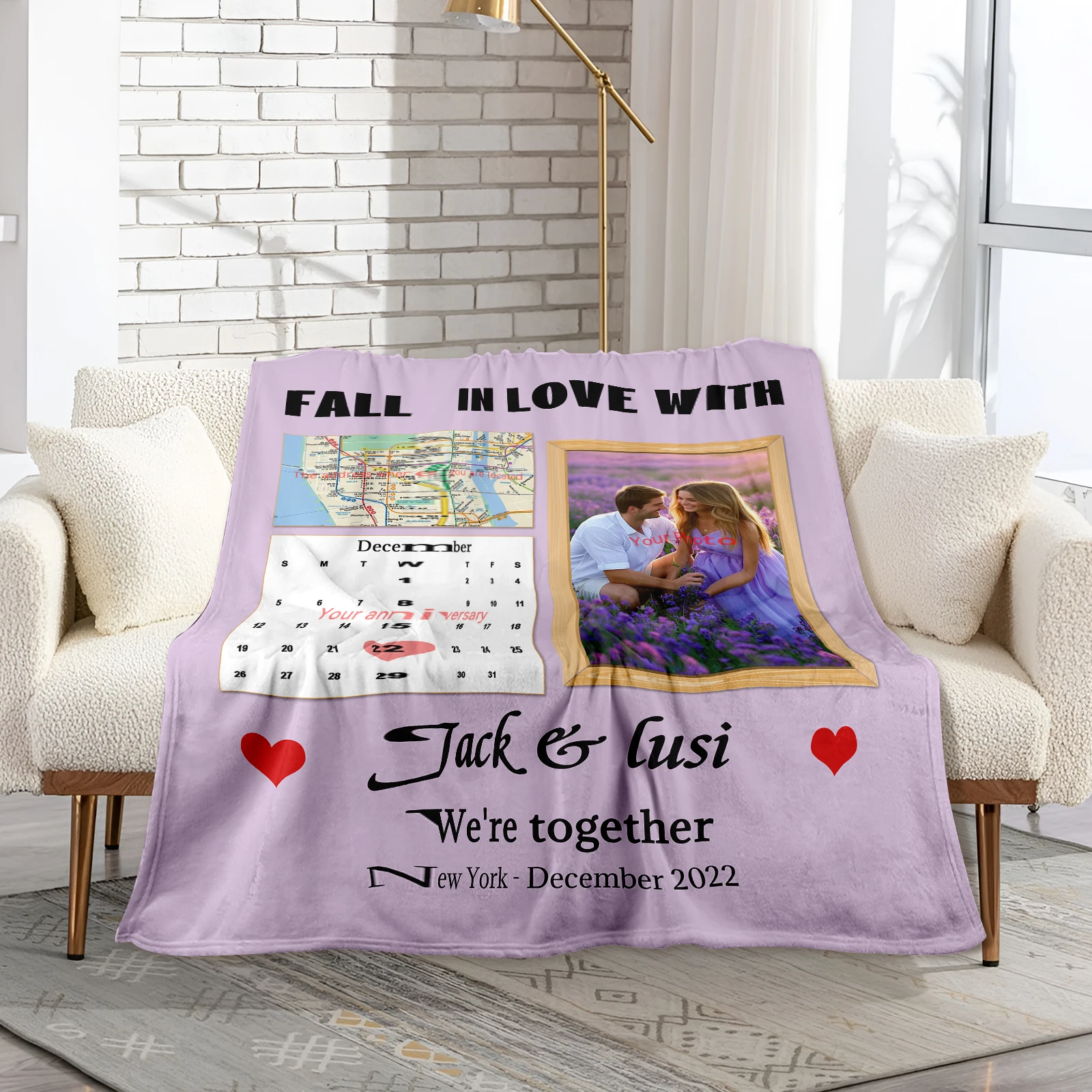 

Personalized Valentine's Day Flannel Blanket With 3 Images And 4 Texts, Soft And Sweet For Couples And Special Moments
