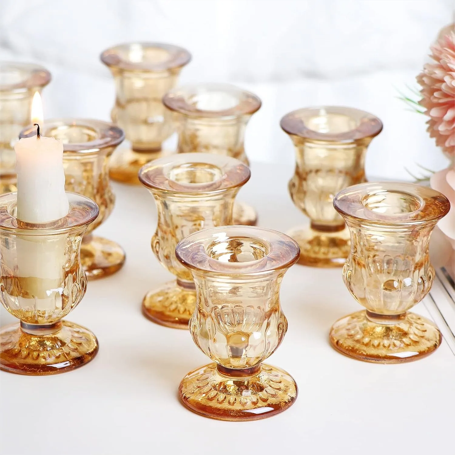 

Gold Candlestick Holders Set of 12 - 2.5" Taper Candle Holders Bulk for Wedding, Party Decor