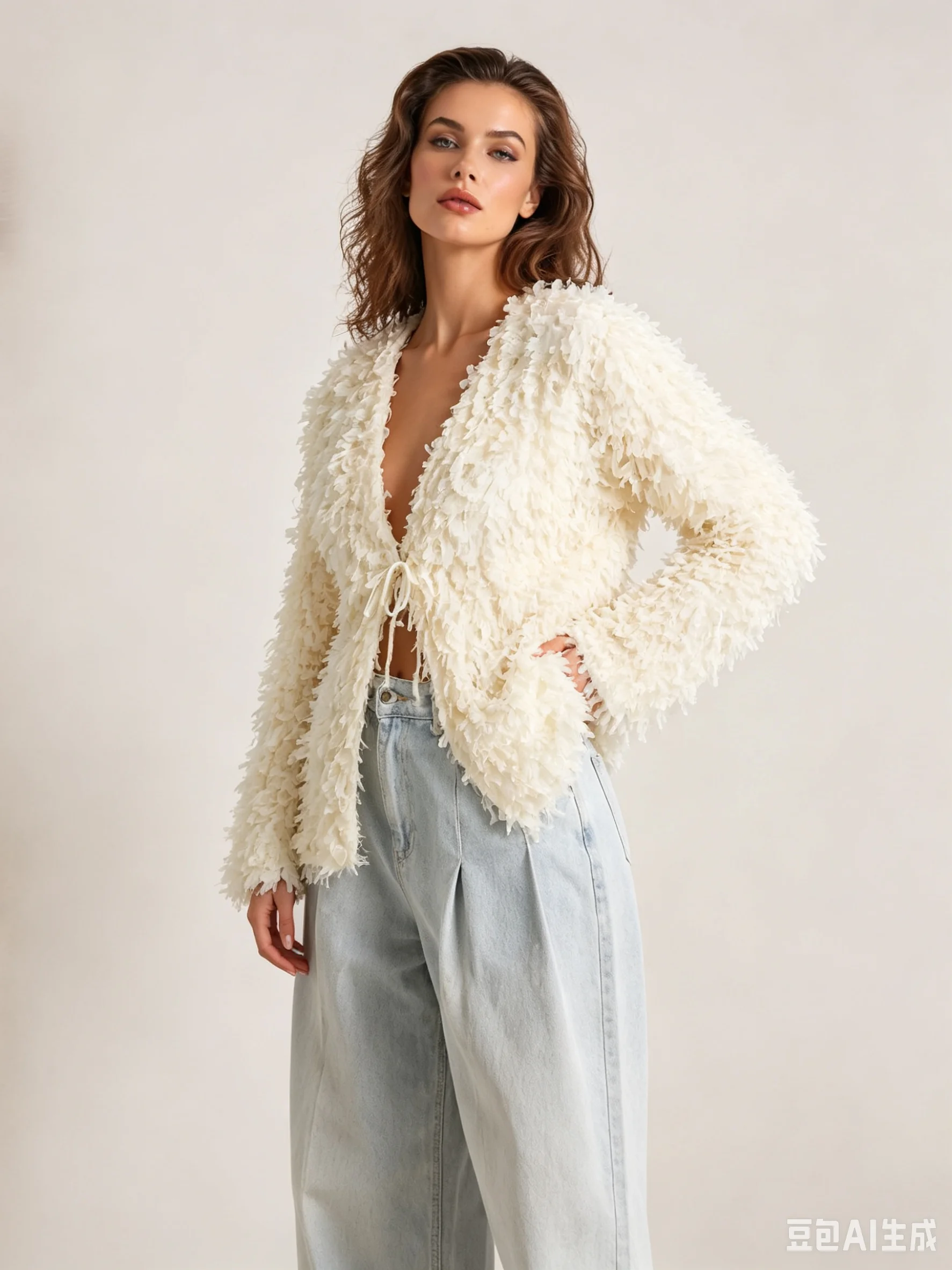 LIMO Women Textured Fringe Cropped Jacket Front Tie Drawstring Fluffy Shaggy Long Sleeve Coat