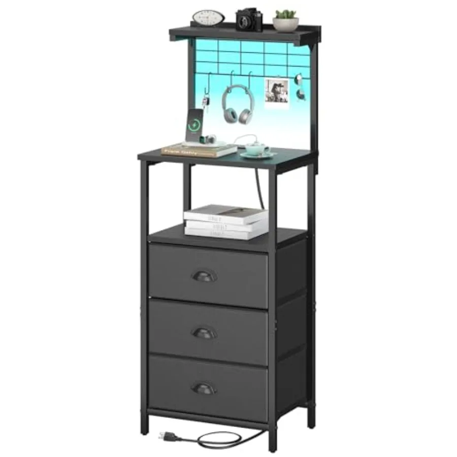 

Tall Bedside Table with USB Charging Station LED Light for Bedroom 3 PU Fabric Drawers Wall-Mount Hooks Modern Black Finish Com