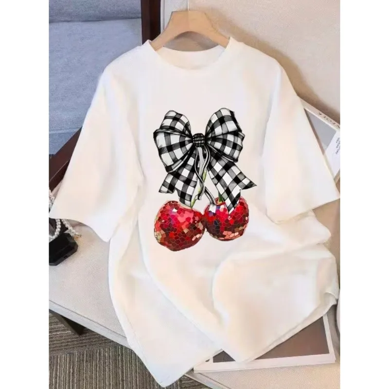 Vintage Gingham Bow Sequin Cherry Graphic T-Shirt Y2K Casual Oversized Short Sleeve Soft Loose Fit Crew Neck Top for Daily Wear