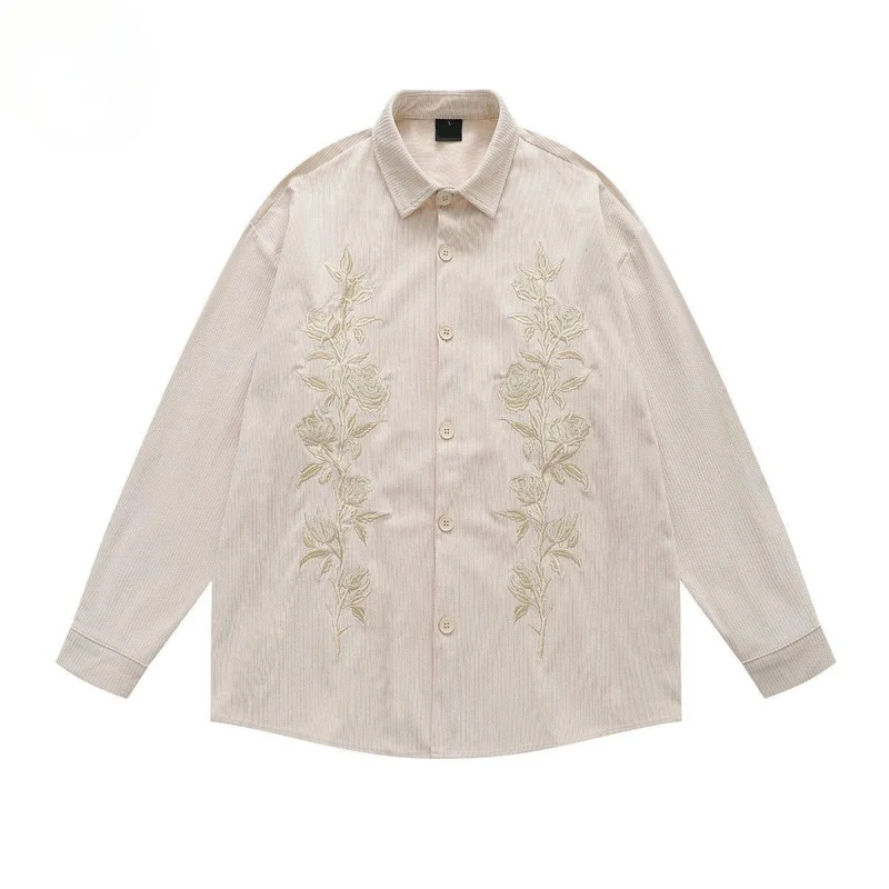 [B&C] Hong style high street corduroy long-sleeve shirt men, niche trendy embroidered pattern shirt autumn