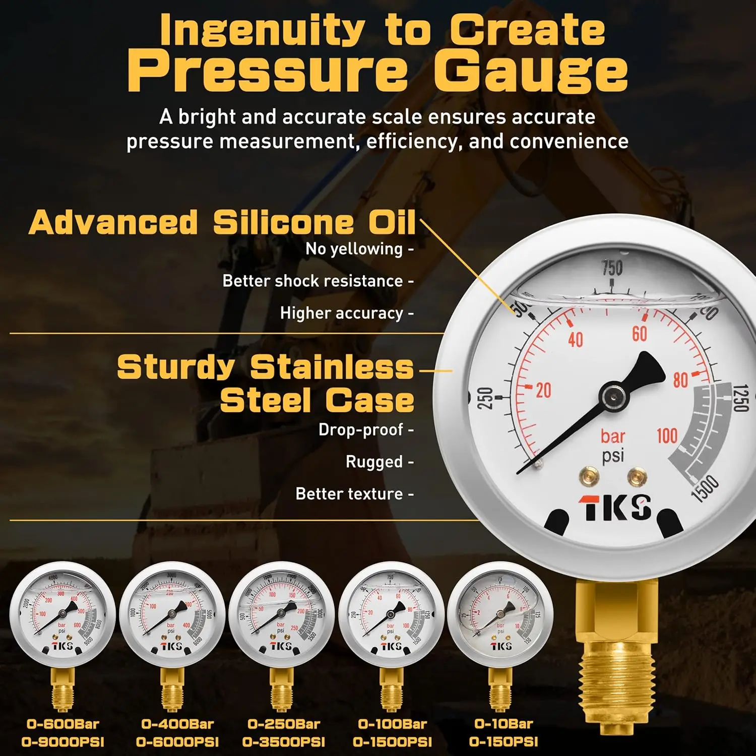 Pressure Test Kit for Excavator, Includes 13 Couplings & 14 Tee Connectors, 6 Test Hoses, 5 Pressure Gauges (150/1500/3500/6000/