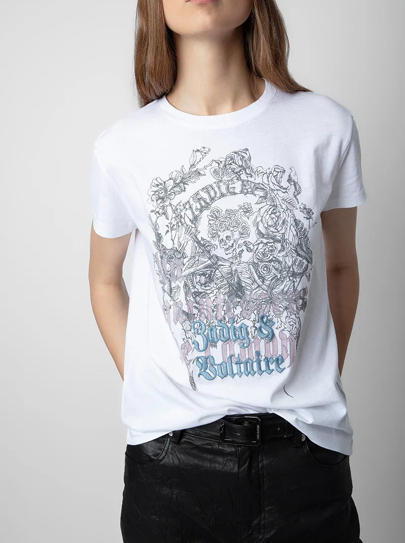 

Classic Embroidery Cotton T-Shirt For Women Summer Round Neck Flower Skull Letter Tops Luxury Fashion Tees