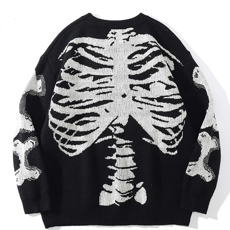 Men's and women's Y2K round neck long sleeved skull print pullover sweater round neck trendy Harajuku hip-hop loose sweater